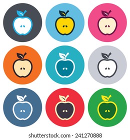 Apple sign icon. Fruit with leaf symbol. Colored round buttons. Flat design circle icons set. Vector