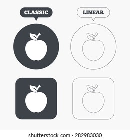 Apple sign icon. Fruit with leaf symbol. Classic and line web buttons. Circles and squares. Vector