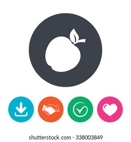 Apple sign icon. Fruit with leaf symbol. Download arrow, handshake, tick and heart. Flat circle buttons.