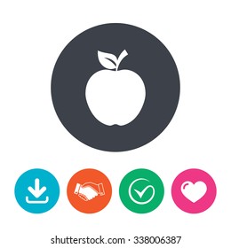 Apple sign icon. Fruit with leaf symbol. Download arrow, handshake, tick and heart. Flat circle buttons.