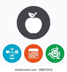 Apple sign icon. Fruit with leaf symbol. Mobile payments, calendar and wifi icons. Bus shuttle.