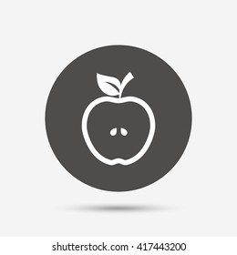 Apple sign icon. Fruit with leaf symbol. Gray circle button with icon. Vector