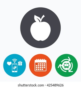 Apple sign icon. Fruit with leaf symbol. Mobile payments, calendar and wifi icons. Bus shuttle.