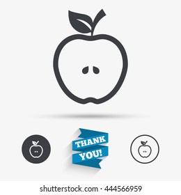Apple sign icon. Fruit with leaf symbol. Flat icons. Buttons with icons. Thank you ribbon. Vector