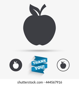 Apple sign icon. Fruit with leaf symbol. Flat icons. Buttons with icons. Thank you ribbon. Vector
