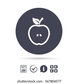 Apple sign icon. Fruit with leaf symbol. Report document, information and check tick icons. Currency exchange. Vector