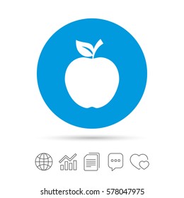 Apple sign icon. Fruit with leaf symbol. Copy files, chat speech bubble and chart web icons. Vector