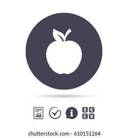 Apple sign icon. Fruit with leaf symbol. Report document, information and check tick icons. Currency exchange. Vector