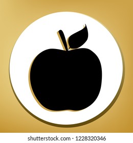 Apple sign illustration. Vector. Black icon with light brown shadow in white circle with shaped ring at golden background.