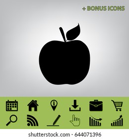 Apple sign illustration. Vector. Black icon at gray background with bonus icons at celery ones