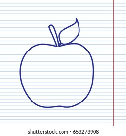 Apple sign illustration. Vector. Navy line icon on notebook paper as background with red line for field.