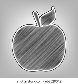 Apple sign illustration. Vector. Pencil sketch imitation. Dark gray scribble icon with dark gray outer contour at gray background.