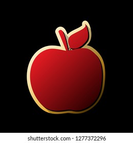 Apple sign illustration. Vector. Red icon with small black and limitless shadows at golden sticker on black background.