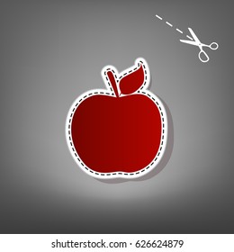 Apple sign illustration. Vector. Red icon with for applique from paper with shadow on gray background with scissors.