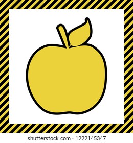 Apple sign illustration. Vector. Warm yellow icon with black contour in frame named as under construction at white background. Isolated.