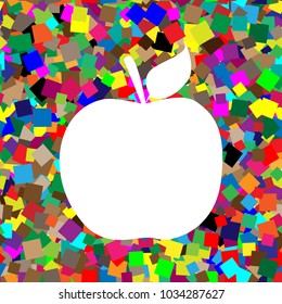 Apple sign illustration. Vector. White icon on colorful background with seamless pattern from squares.