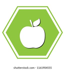 Apple sign illustration. Vector. White icon with black shadow at yellow green honeycomb on white background.