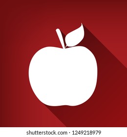 Apple sign illustration. Vector. White icon with limitless shadow at ruby red background.