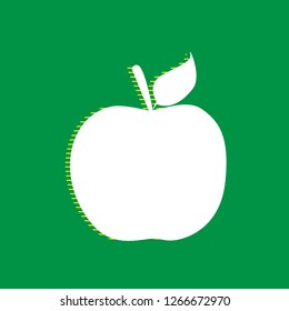 Apple sign illustration. Vector. White flat icon with yellow striped shadow at green background.