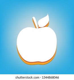 Apple sign illustration. Vector. White icon with 3d warm-colored gradient body at sky blue background.