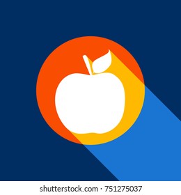 Apple sign illustration. Vector. White icon on tangelo circle with infinite shadow of light at cool black background. Selective yellow and bright navy blue are produced.