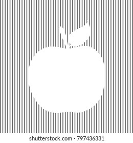 Apple sign illustration. Vector. White icon on grayish striped background. Optical illusion.