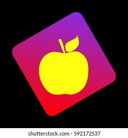 Apple sign illustration. Vector. Yellow icon at violet-red gradient square with rounded corners rotated for dynamics on black background.