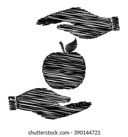 Apple sign. Save or protect symbol by hands with scribble effect.