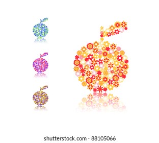 apple silhouette composed of different flowers on white background