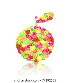 apple silhouette composed of different fruits - pomegranate orange apple cherry watermelon on white background