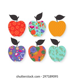 Apple silhouette with floral pattern set. Vector illustration