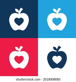 Apple Silhouette With Heart Shape blue and red four color minimal icon set