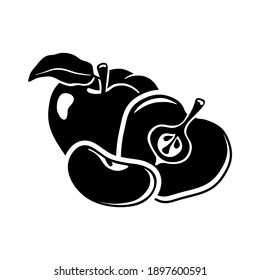 Apple silhouette icon. Whole fruit with leaf, half, slice. Hand drawn emblem. Black simple illustration for packaging design, label. Element for eco product. Flat isolated vector, white background