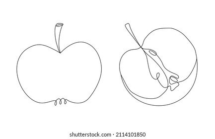 Apple silhouette in line art style. Whole and cut apple half in outline. Minimalist vector continuous line drawn fruit
