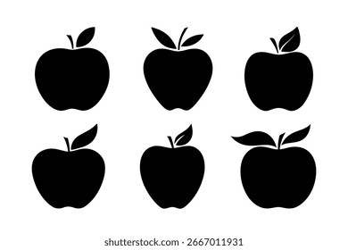 Apfelsilhouette, eine Reihe von verschiedenen Symbolen schwarzer Früchte mit einem Blatt, einzeln auf Weiß, Vektorgrafik. Grafisches leeres Hintergrundelement für Dekoration, Design, Etikett, Logo, Banner