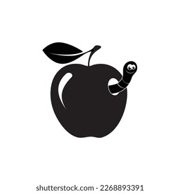 Apple silhouette with worm and leaf. Simple vector illustration in a flat style.