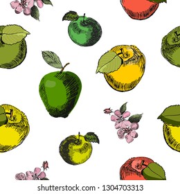 Apple sketch seamless pattern.Vintage ink hand drawn vector of different apples and flowers of apple , isolated on white background.Great for fabrics, wallpaper,packaging.