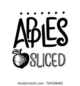 Apple sketch. Vector hand drawn vintage fruit. Sketch vector and lettering, vegetarian food illustration. Retro style. Slices, fruits. Isolated background