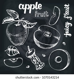 Apple sketch.Vector hand drawn vintage fruits,Slices,l ettering, vegetarian food illustration.Retro style.Organic chalkboard background