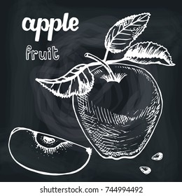 Apple sketch.Vector hand drawn vintage fruits . Sketch vector and lettering, vegetarian food illustration.Retro style. Slices,fruits.Organic Chalkboard background