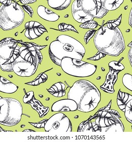 Apple sketch.Vector seamless pattern hand drawn vintage fruits.Sketch vector and lettering, vegetarian food illustration.Retro style.Organic background