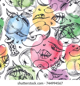 Apple sketch.Vector seamless pattern hand drawn vintage fruits, lettering, vegetarian food illustration.Retro style.Organic Watercolor background