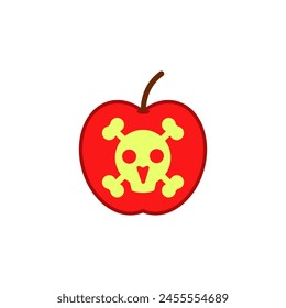 Apple with a skull and bones inside. Poison apple and fruit. The sign of poisoned, unfit food. Isolated vector on white background.