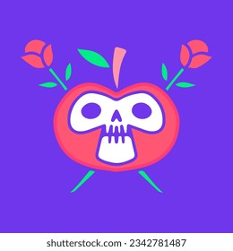 Apple skull with crossed roses, illustration for t-shirt, sticker, or apparel merchandise. With doodle, retro, groovy, and cartoon style.