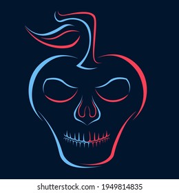 apple skull drawn with blue and red lines 