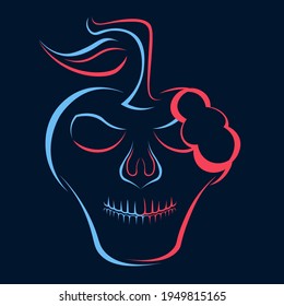 apple skull drawn with blue and red lines