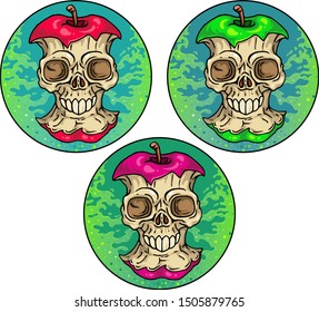 Apple Skull on background Halloween vector illustration set. Isolated on white. Web, graphic, greeting cards and clothes design. Prints of any kind