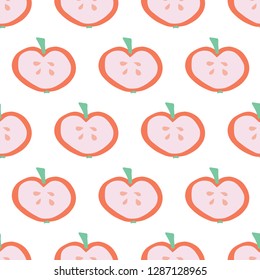 Apple slice background. Vector seamless pattern with illustrated fruits isolated on white. Food illustration. Use for card, menu cover, web pages, page fill, packaging, farmers market, summer fabric.
