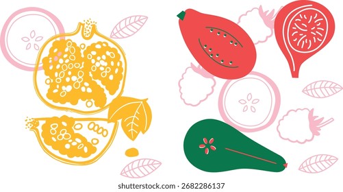 Ilustración plana de dibujos animados de rebanadas de manzana y manzana. Vector de manzana roja. Frutas simple ilustración abstracta. Estampado de verano.	
