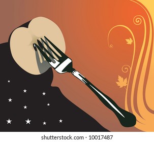 apple slice in fork in floral background 	